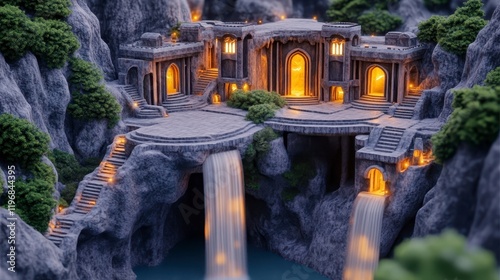 Enchanted Ancient Structure Surrounded by Waterfalls and Trees photo