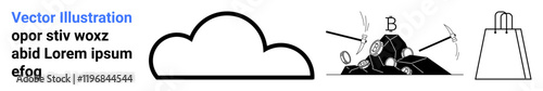 Cloud outline next to mining tools breaking bitcoins and a bag, symbolizing digital storage, cryptocurrency and e-commerce. Ideal for technology, finance, digital assets, online shopping, cloud