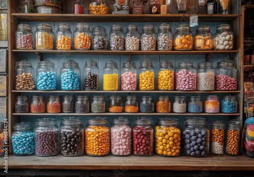 Wallpaper Mural Colorful candy jars arranged neatly on wooden shelves filled with a variety of sweet treats, showcasing an array of colors and textures for a vibrant aesthetic. Torontodigital.ca