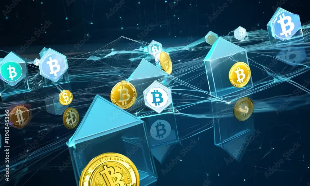 Floating Bitcoin and Ethereum coins in a blockchain network.