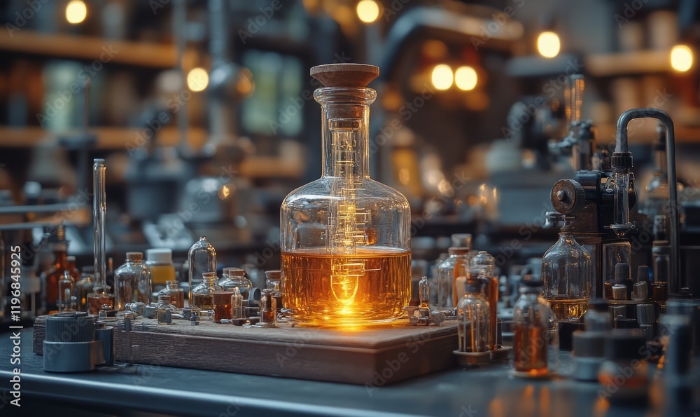 Laboratory setting showcasing miniature glassware with glowing liquid Laboratory setting showcasing miniature glassware with glowing liquid