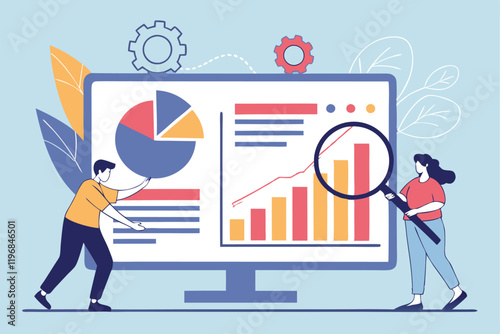 Data visualization, business analytics, large computer screen, pie chart, bar graph, line chart, magnifying glass, teamwork, collaboration, colorful infographics, blue background, flat design illustra