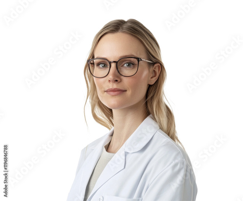 Confident Professional Woman in White Coat and Glasses - A Powerful Portrait , isolated on white background PNG