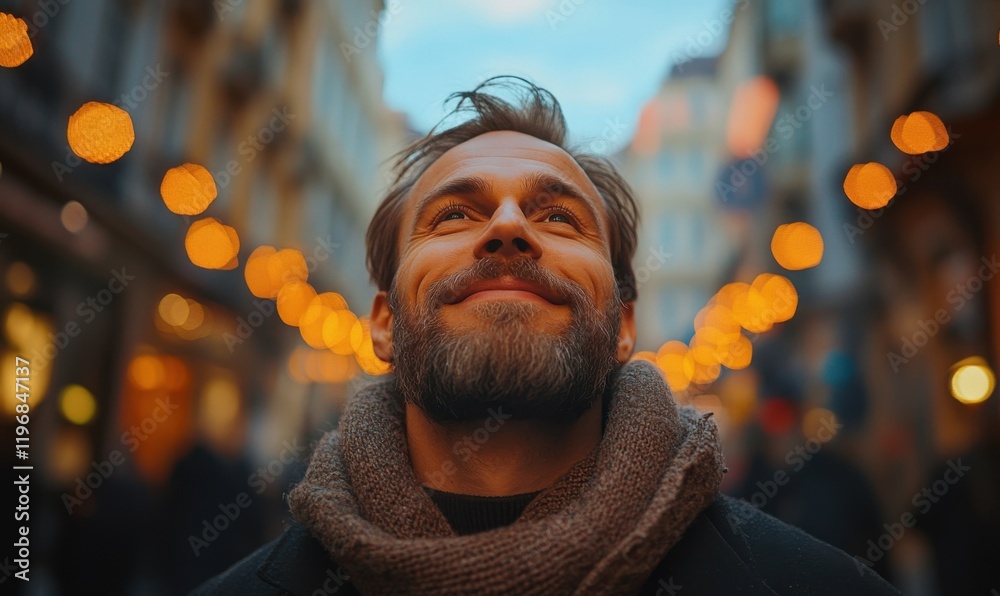 Man enjoys a moment of joy in a festive street filled with lights Man enjoys a moment of joy in a festive street filled with lights