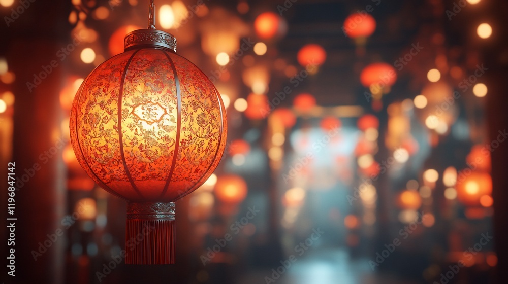 Illuminated red lantern hanging in a dimly lit space with bokeh effect, showing intricate patterns. Illuminated red lantern hanging in a dimly lit space with bokeh effect, showing intricate patterns.