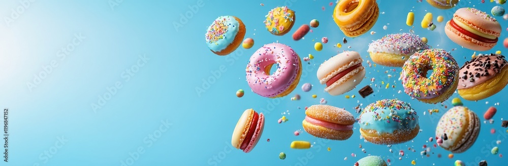 Colorful Floating Donuts with Sprinkles and Candy on Bright Blue Background for Sweet Treats and Desserts Theme and Celebration Events Imagery Colorful Floating Donuts with Sprinkles and Candy on Bright Blue Background for Sweet Treats and Desserts Theme and Celebration Events Imagery