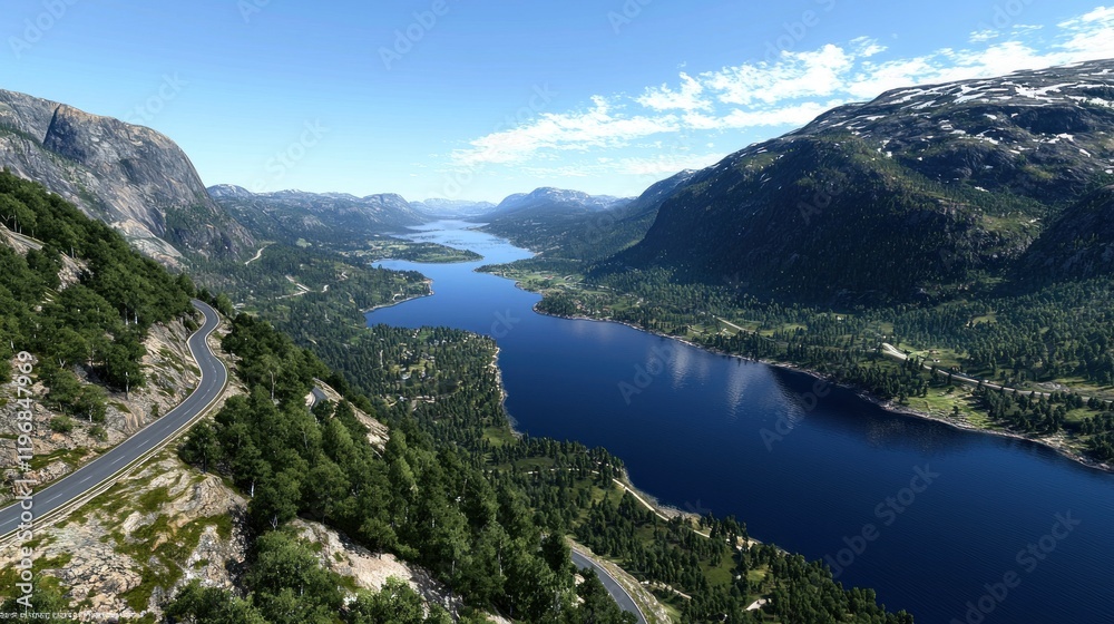 Scenic view of a river surrounded by mountains and greenery. Scenic view of a river surrounded by mountains and greenery.