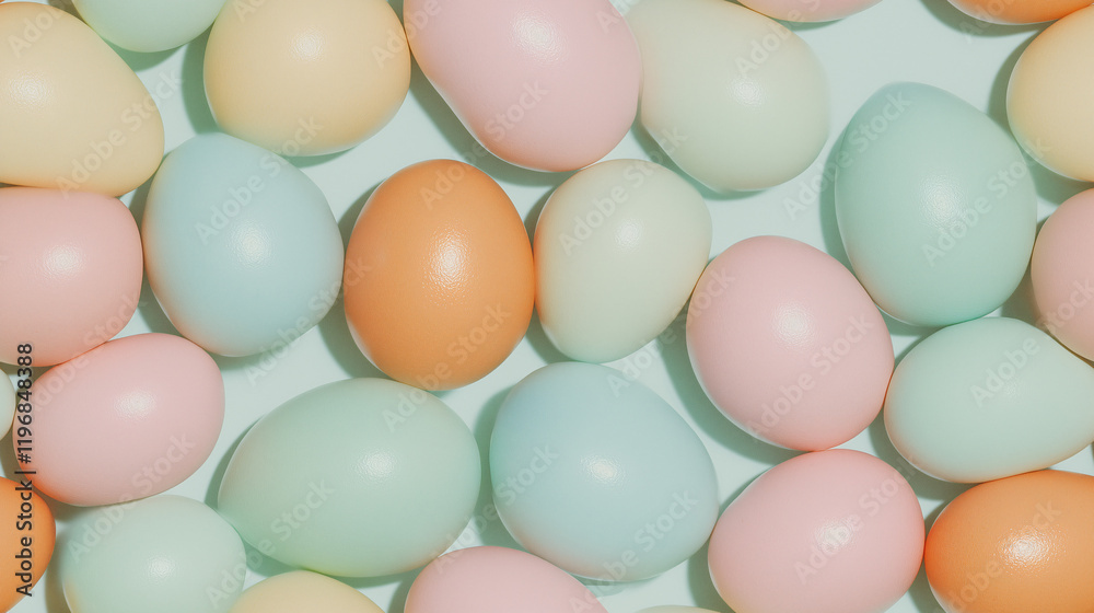 Pastel Easter Eggs: A delightful collection of pastel-colored eggs arranged in a pleasing pattern, perfect for Easter celebrations, spring themes, and springtime backgrounds. Pastel Easter Eggs: A delightful collection of pastel-colored eggs arranged in a pleasing pattern, perfect for Easter celebrations, spring themes, and springtime backgrounds.