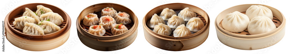 PNG Assorted steamed dumplings in bamboo, isolated element set, transparent background PNG Assorted steamed dumplings in bamboo, isolated element set, transparent background