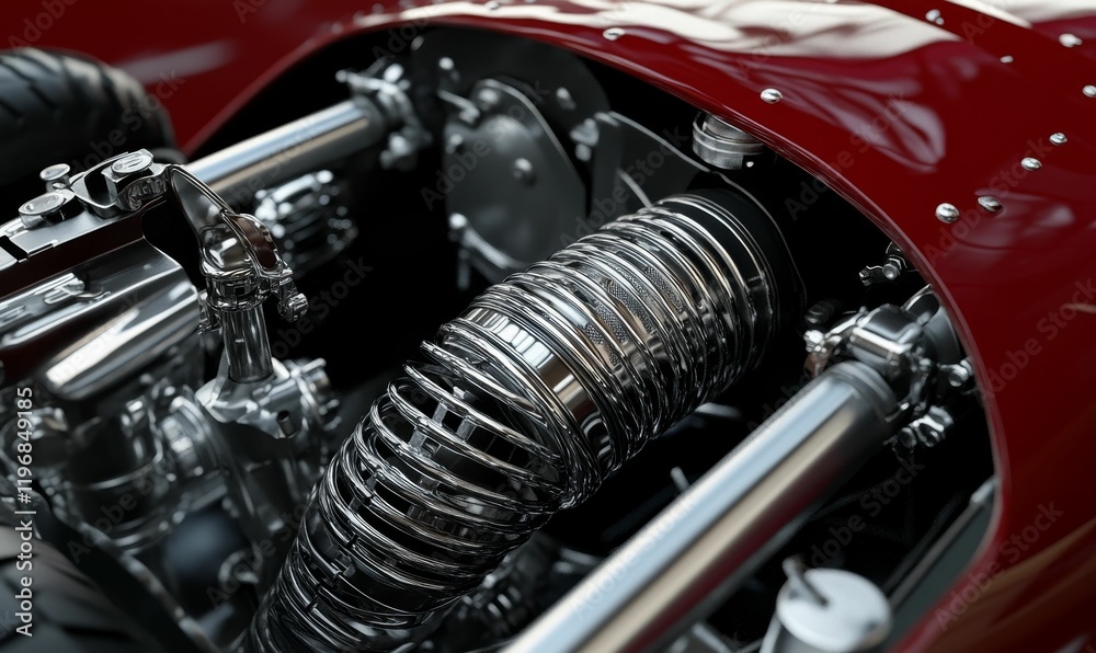 Red vehicle's polished chrome engine close-up. Red vehicle's polished chrome engine close-up.