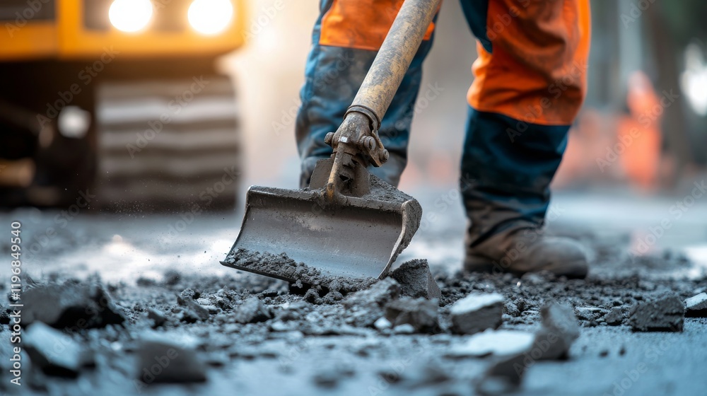 A close-up of a construction worker using a jackhammer to break apart concrete pavement for road repair, Road repair scene, Industrial renovation style A close-up of a construction worker using a jackhammer to break apart concrete pavement for road repair, Road repair scene, Industrial renovation style