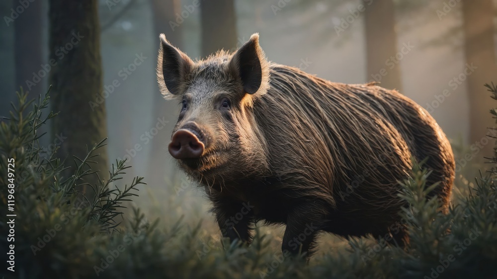 A wild boar stands amidst a misty forest, illuminated by soft light. A wild boar stands amidst a misty forest, illuminated by soft light.