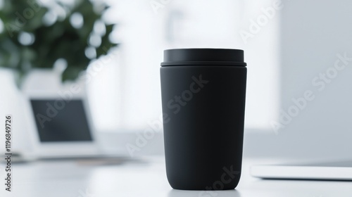 A black coffee cup sits on a table next to a laptop photo