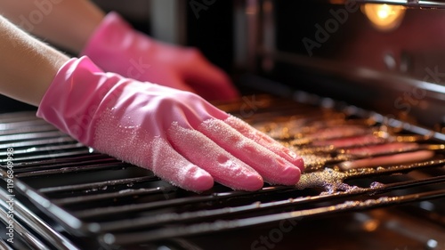 Hygiene action pink-gloved hand scrubbing oven kitchen cleaning focus indoor viewpoint safe practices photo