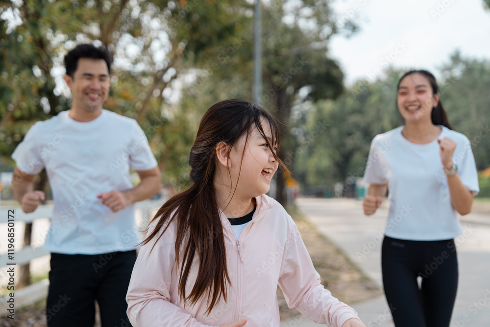 Family enjoying a lively workout, father and mother jogging alongside their cheerful daughter in the park Family enjoying a lively workout, father and mother jogging alongside their cheerful daughter in the park