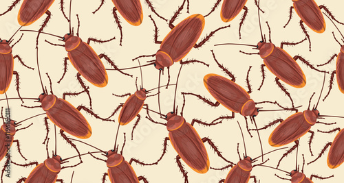 Seamless pattern of cockroach insect. Realistic cockroach pattern on beige background. Vector