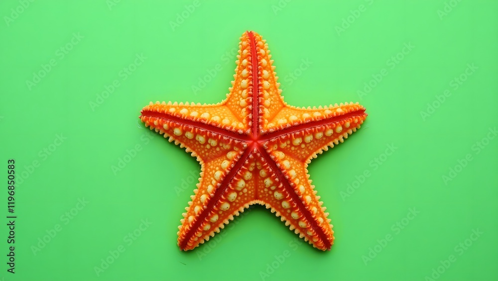 Detailed orange starfish with textured tubercles on a green background - Represents sea life and nature's intricacy - Suitable for educational, nature, or marine-themed media Detailed orange starfish with textured tubercles on a green background - Represents sea life and nature's intricacy - Suitable for educational, nature, or marine-themed media