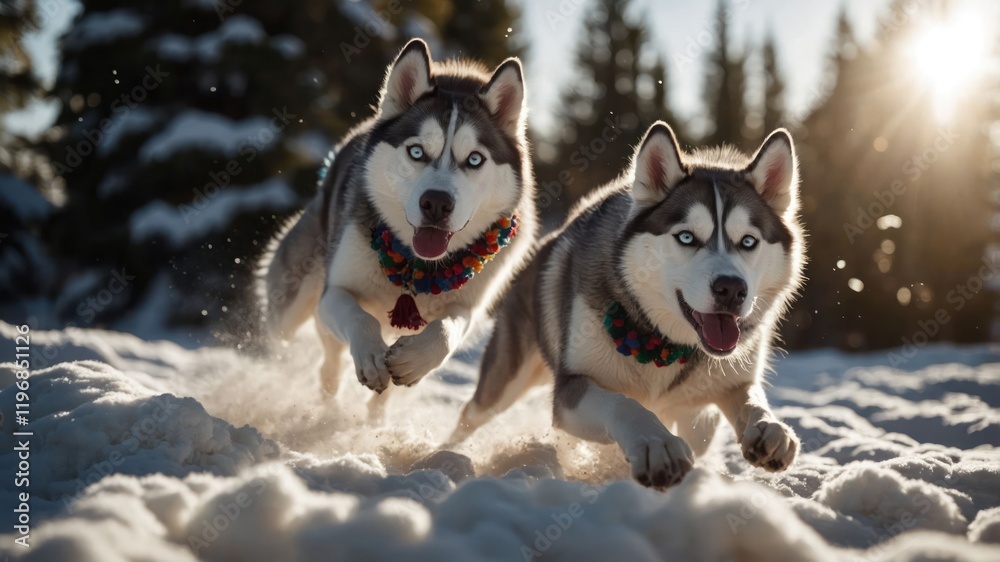 Two playful huskies running through snowy terrain, capturing a joyful winter moment. Two playful huskies running through snowy terrain, capturing a joyful winter moment.