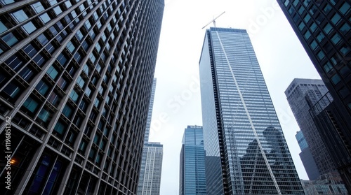 Precise architectural color photography of Toronto's Financial District skyscrapers during a soft rain. The image will highlight reflective surfaces, sharp lines 