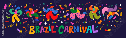 Banner with funny dancing people. Design for Brazil Carnival. Decorative abstract illustration with colorful doodles. Music festival illustration	
