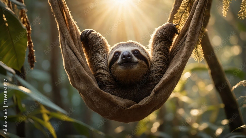 Obraz premium A sloth relaxing in a hammock surrounded by lush greenery and sunlight.