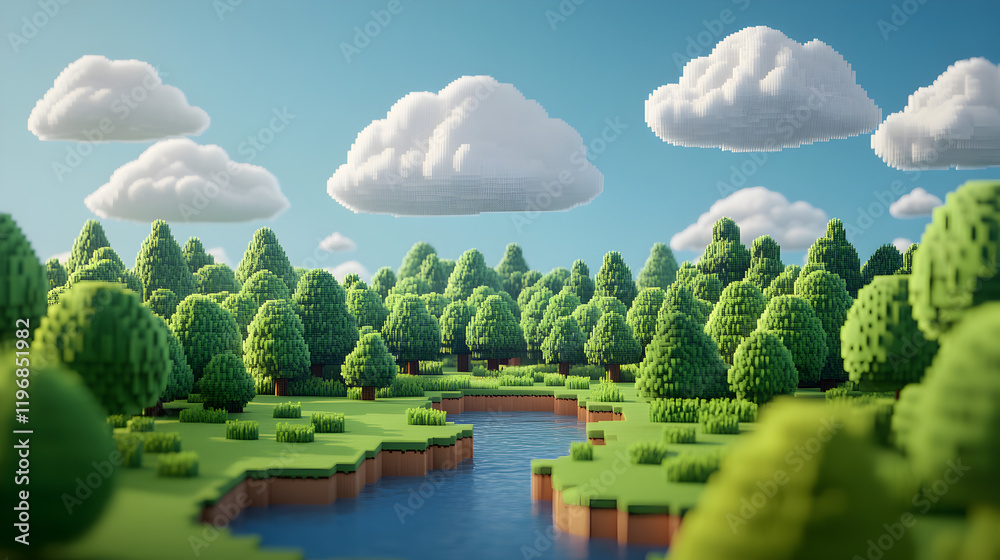 Exploring a lush pixelated forest with a serene river nature landscape daylight view Exploring a lush pixelated forest with a serene river nature landscape daylight view