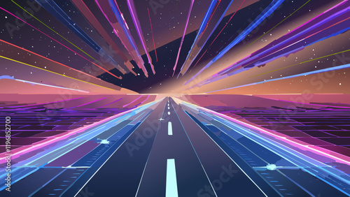 Vibrant digital landscape showcasing an endless road under a cosmic sky at dusk