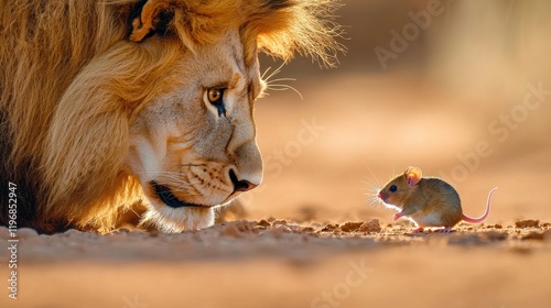 Unexpected encounter a lion's fear of a tiny mouse holding cheese in a desert landscape