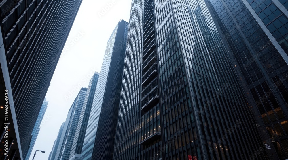 Fototapeta premium Precise architectural color photography of Toronto's Financial District skyscrapers during a soft rain. The image will highlight reflective surfaces, sharp lines 