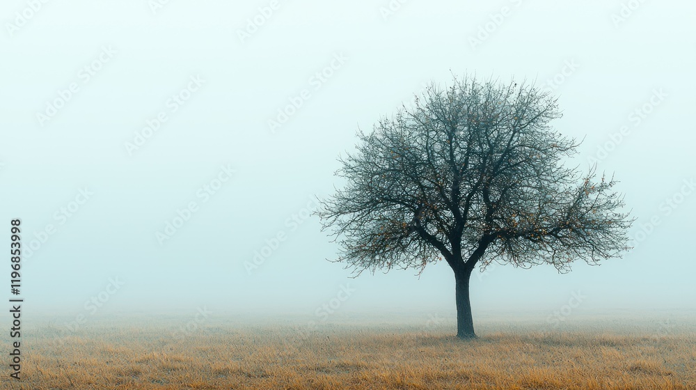 Solitary Tree in Misty Field: A Serene Winter Landscape Solitary Tree in Misty Field: A Serene Winter Landscape