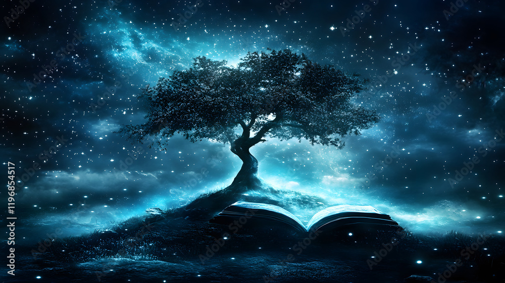 Fototapeta premium A mystical tree stands on an open book under a starry sky, blending nature and literature in an enchanting cosmic scene