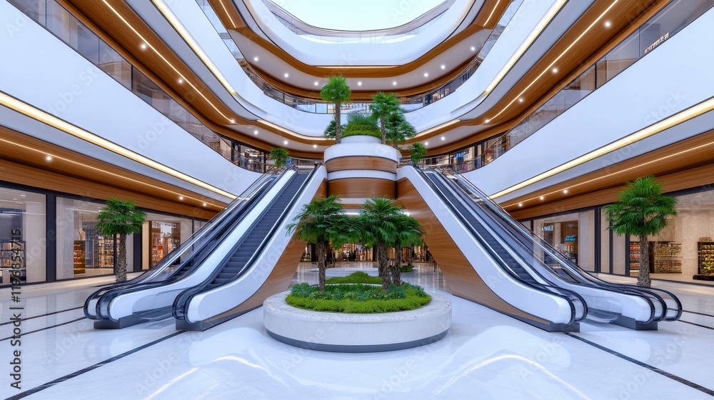 Fototapeta premium Modern shopping mall interior with escalators and greenery design