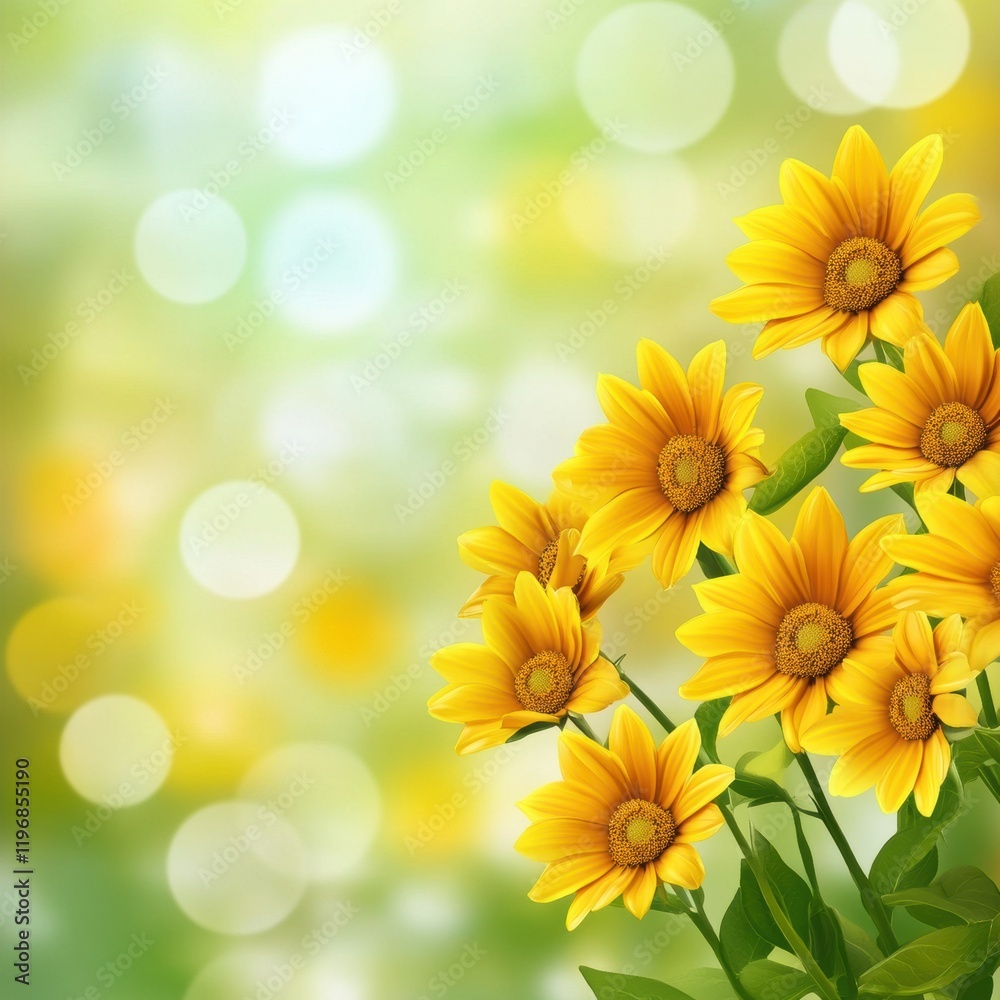 Fototapeta premium Vibrant sunflowers bloom against a soft green background offering plenty of copy space for text. Generative AI