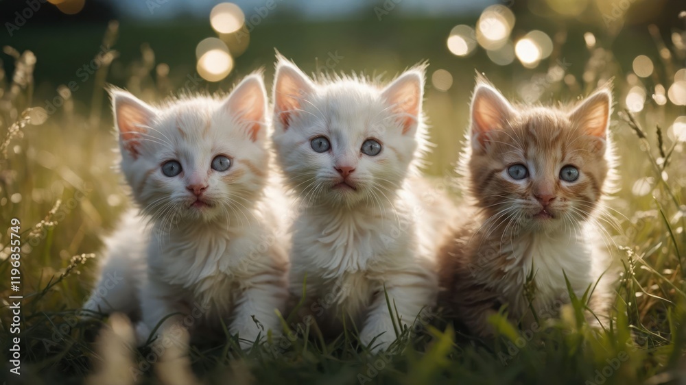 Three adorable kittens sitting in a grassy field with a soft, glowing background. Three adorable kittens sitting in a grassy field with a soft, glowing background.
