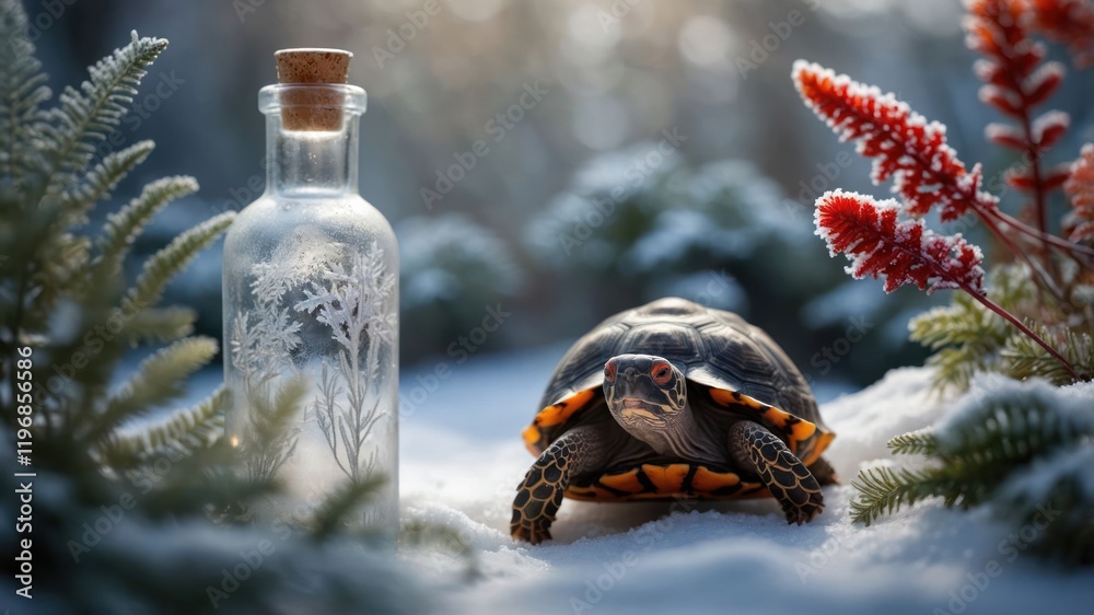 A turtle in a snowy landscape beside an ornate glass bottle and vibrant red plants. A turtle in a snowy landscape beside an ornate glass bottle and vibrant red plants.