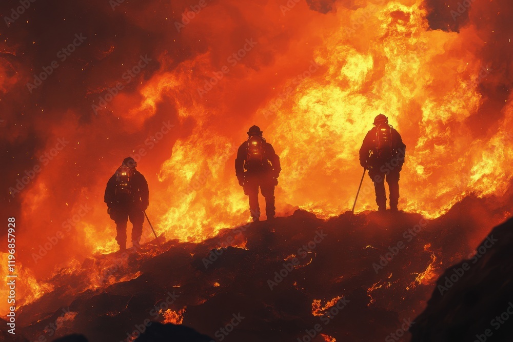 Fototapeta premium Firefighters Silhouetted Against Fiery Wildfire Blaze