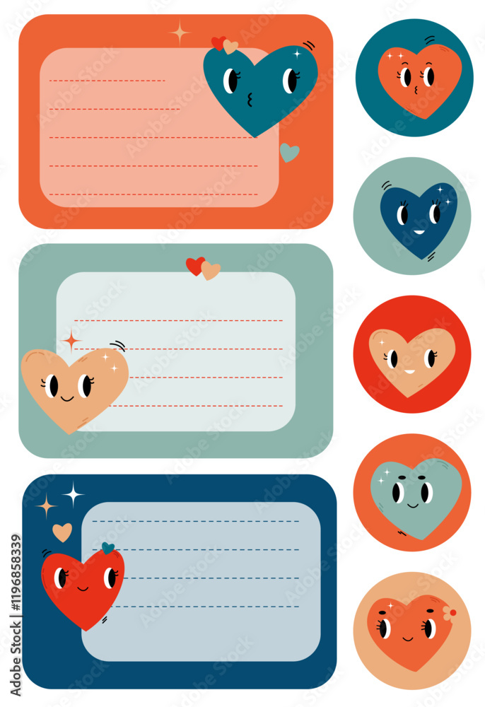 Fototapeta premium Set with templates for note cards and stickers with cute retro hearts and flowers