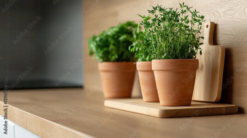 Three potted plants sit on a wooden countertop