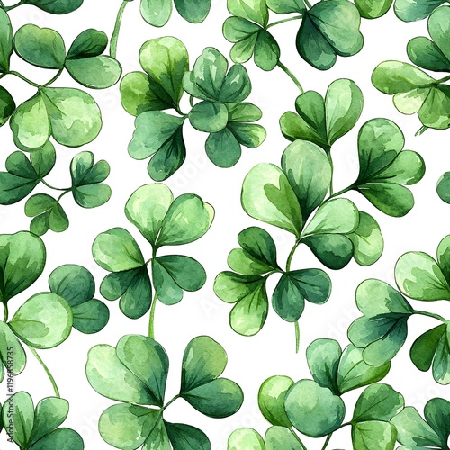 A seamless pattern of watercolor shamrock leaves in soft green hues on a white background
