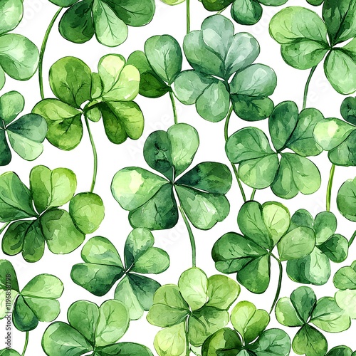 A seamless pattern of watercolor shamrock leaves in soft green hues on a white background