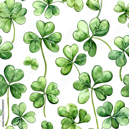 A seamless pattern of watercolor shamrock leaves in soft green hues on a white background