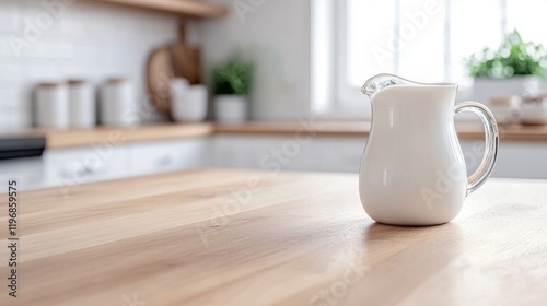 A pitcher of milk sits on a wooden table