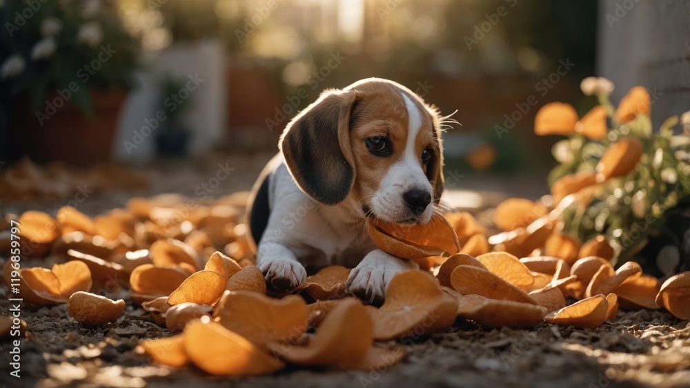 A playful beagle puppy lying on the ground surrounded by orange peels. A playful beagle puppy lying on the ground surrounded by orange peels.