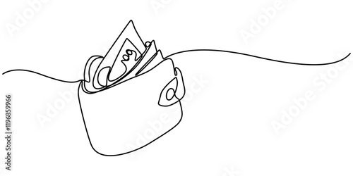One continuous line. Wallet with banknotes. Money in a leather wallet. Flat minimal icon. One continuous line on a white background, Wallet glyph line icon. Thin line icon that can be applied anywhere
