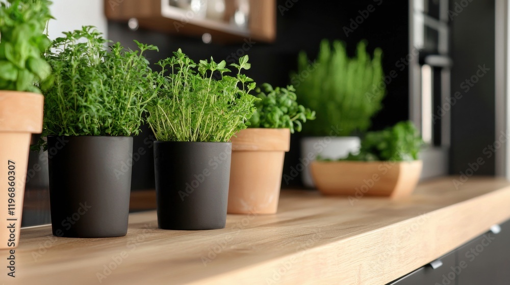 Fototapeta premium A kitchen counter with a variety of potted plants, including herbs and flowers