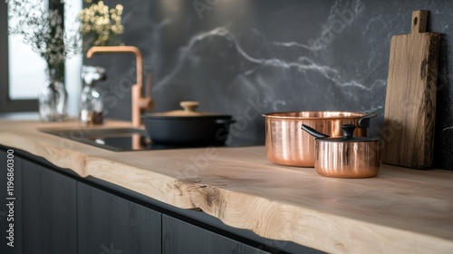 A kitchen counter with a wooden top and a pot on it