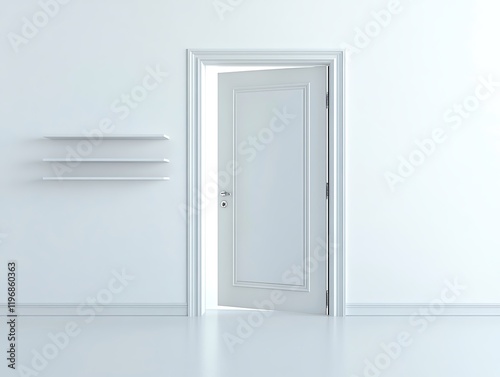 Minimalist White Interior with Open Door and Floating Shelves
