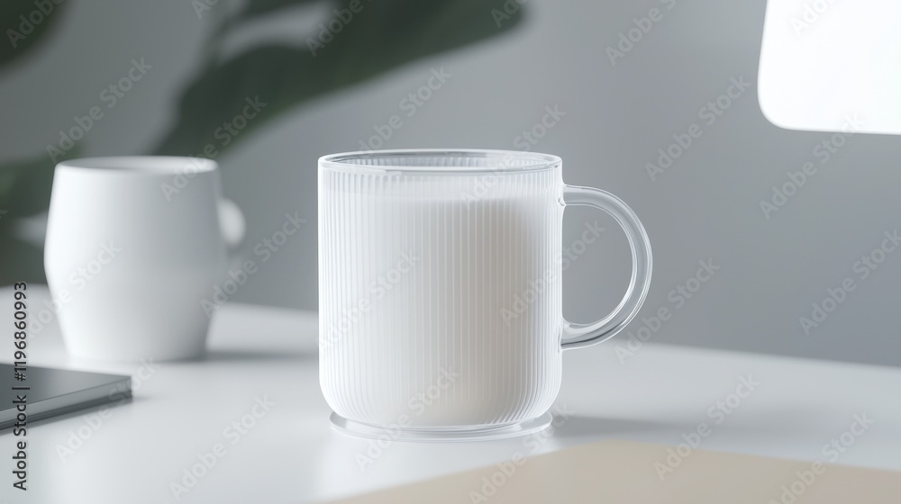 A white mug with a white liquid in it sits on a table A white mug with a white liquid in it sits on a table