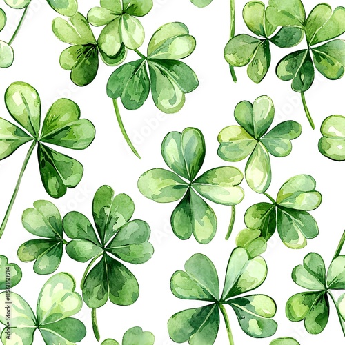 A seamless pattern of watercolor shamrock leaves in soft green hues on a white background