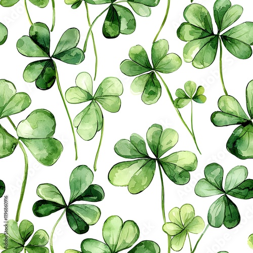 A seamless pattern of watercolor shamrock leaves in soft green hues on a white background